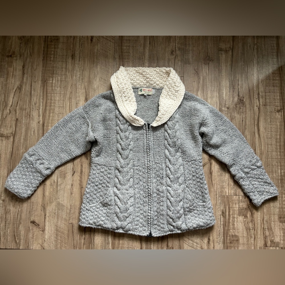 Inkas World handmade wool Cozy Gray cream Cable Knit zip up Sweater fair trade